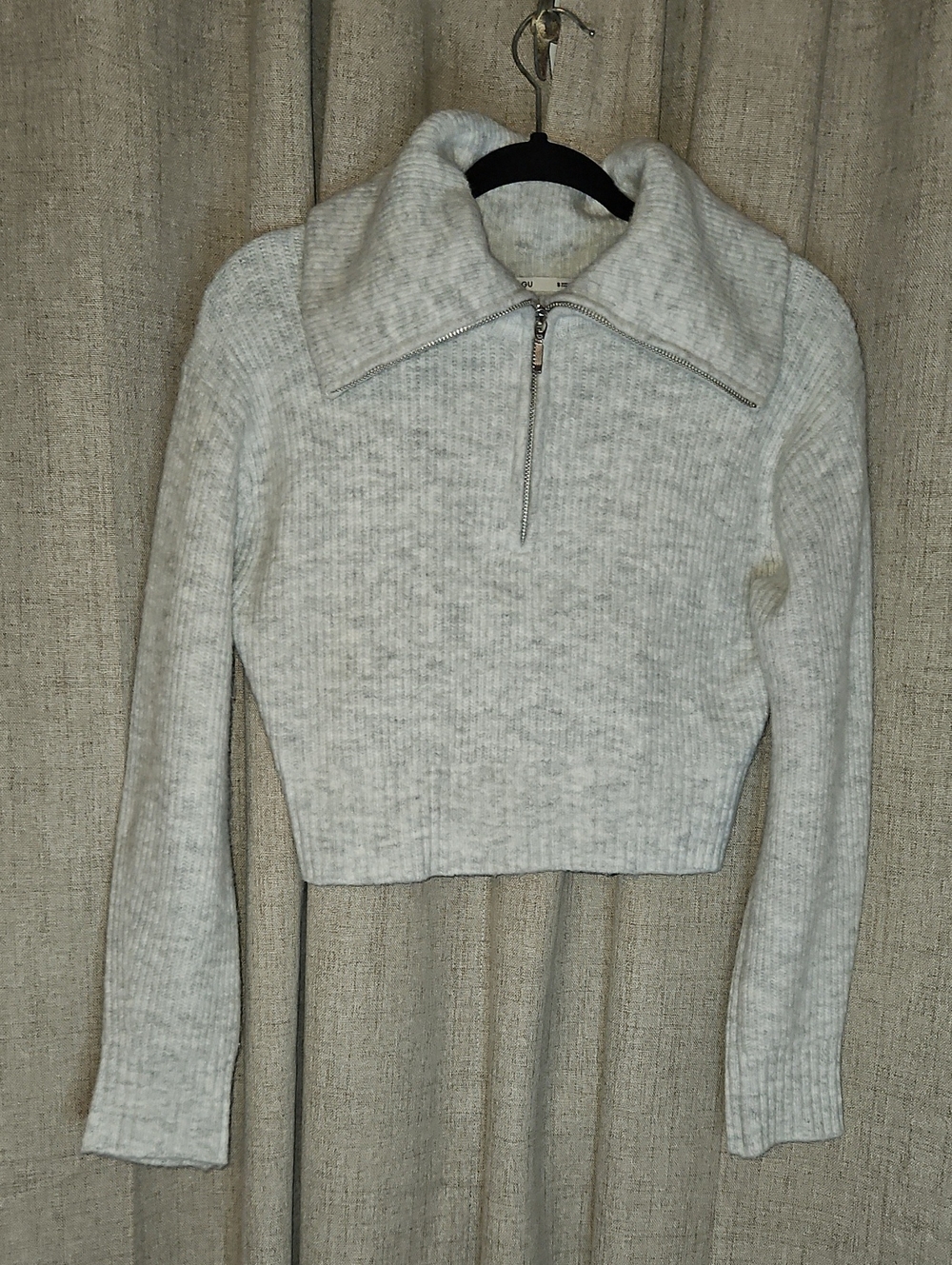 Cropped Half-Zip Knit Sweater in Light Heather Gray